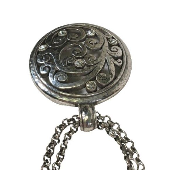 BRIGHTON Large Filagree Pendant Medallion w/ Crystals Double Chain Necklace Vtg - Picture 6 of 13